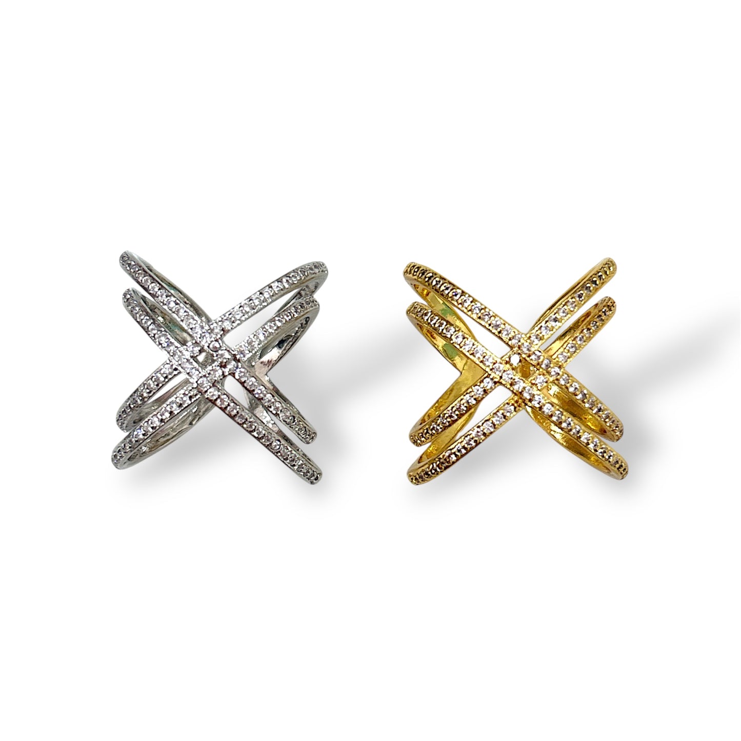 Anello incrocio con fascia strass